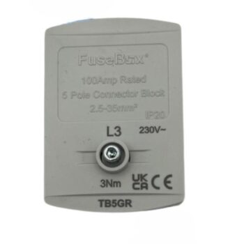 FuseBox TB5GR grey 100A terminal block with IP20 rating, dual screw clamps, and lockable cover – designed for Phase L3 meter tail terminations.