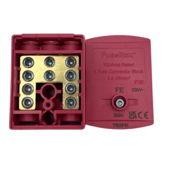 FuseBox TB5PK 100A pink terminal block with IP20 protection, dual screw terminals, and locking cover – ideal for functional earth wiring in advanced electrical systems.