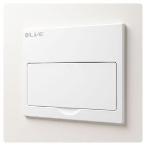 Flush-mounted white Live Electrical consumer unit with closed lid, photographed against a light background.