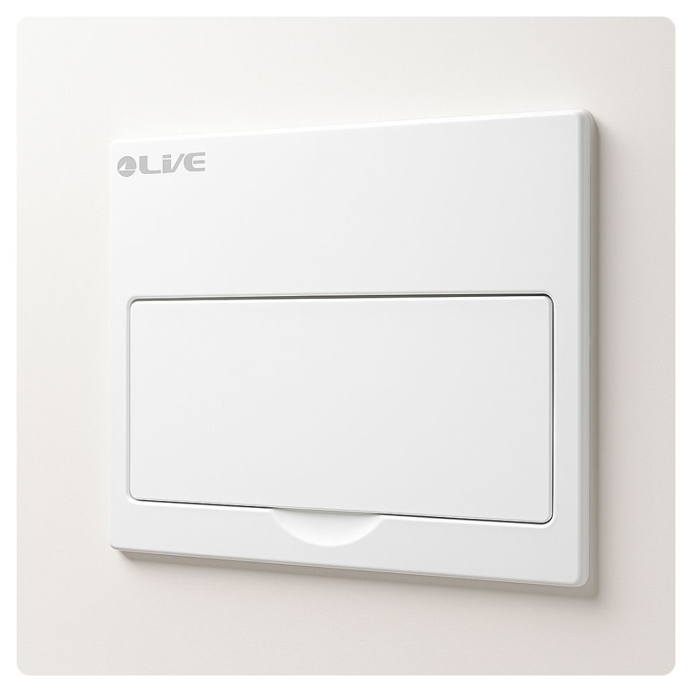 Flush-mounted white Live Electrical consumer unit with closed lid, photographed against a light background.