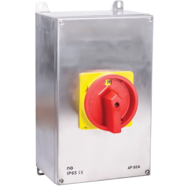 Niglon ISS324P Steel 32A 4 Pole Rotary Isolator – IP65-rated switch for commercial and light industrial systems.