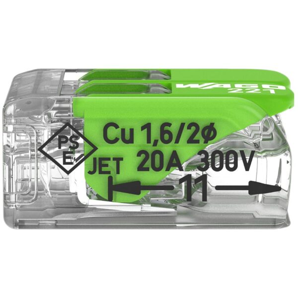 Pack of 50 Wago 221-422 2 Way 4mm Green Lever Connectors with clear bio-based housing and recycled green levers, designed for safe, compact, and sustainable wire connections.