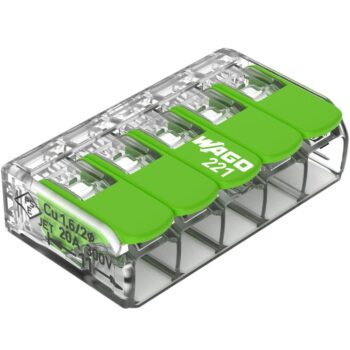 Wago 221-625 5-way green lever connector with transparent housing and recycled green levers, designed for eco-friendly, tool-free wiring of copper conductors.