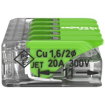 Wago 221-625 5-way green lever connector with transparent housing and recycled green levers, designed for eco-friendly, tool-free wiring of copper conductors.