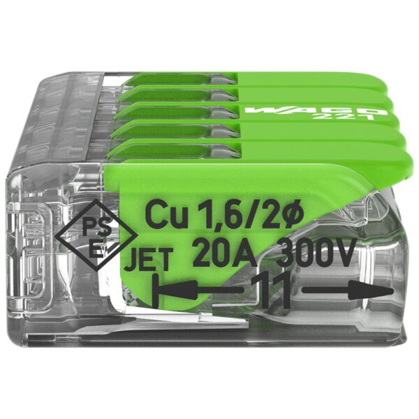 Wago 221-625 5-way green lever connector with transparent housing and recycled green levers, designed for eco-friendly, tool-free wiring of copper conductors.