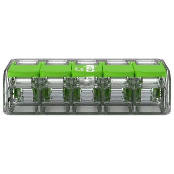 Wago 221-625 5-way green lever connector with transparent housing and recycled green levers, designed for eco-friendly, tool-free wiring of copper conductors.