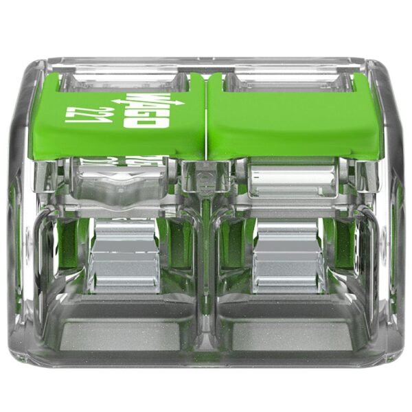 Pack of 50 Wago 221-422 2 Way 4mm Green Lever Connectors with clear bio-based housing and recycled green levers, designed for safe, compact, and sustainable wire connections.