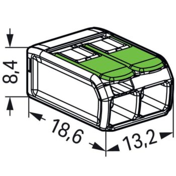 Pack of 50 Wago 221-422 2 Way 4mm Green Lever Connectors with clear bio-based housing and recycled green levers, designed for safe, compact, and sustainable wire connections.