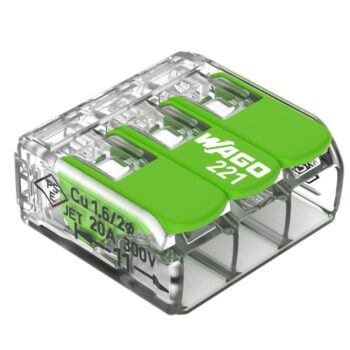 Pack of 50 Wago 221-423 3 Way Green Lever Connectors with clear eco-housing and piano-style recycled green levers, suitable for solid, stranded, or flexible copper wires.