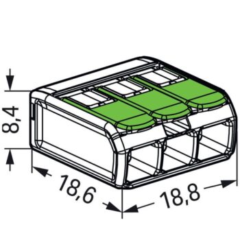 Pack of 50 Wago 221-423 3 Way Green Lever Connectors with clear eco-housing and piano-style recycled green levers, suitable for solid, stranded, or flexible copper wires.
