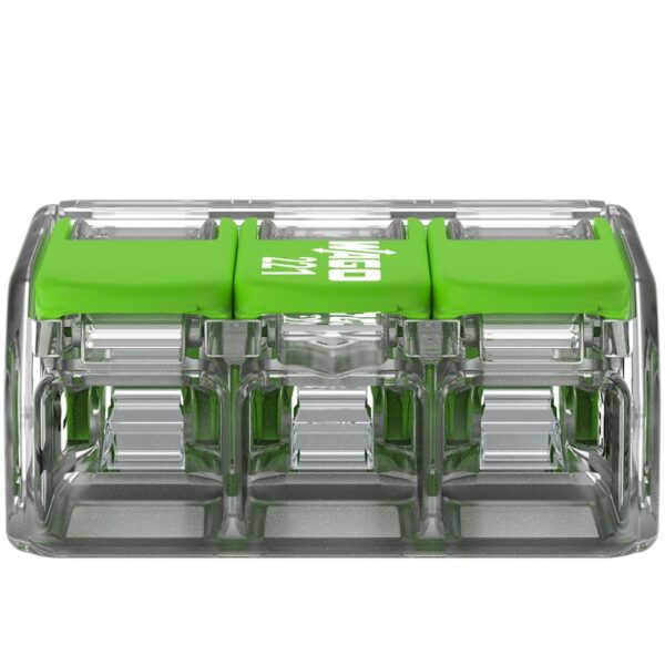Pack of 50 Wago 221-423 3 Way Green Lever Connectors with clear eco-housing and piano-style recycled green levers, suitable for solid, stranded, or flexible copper wires.