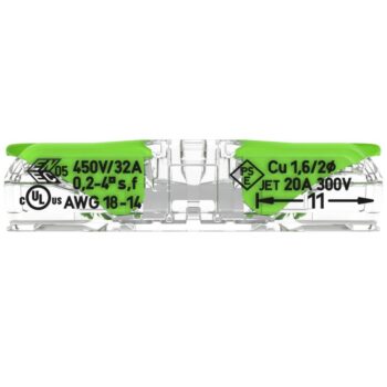 Pack of 60 Wago 221-2431 Inline Green Lever Connectors with transparent bio-based casing and recycled green levers, designed for compact, tool-free copper wire connections.