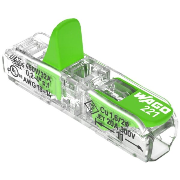 Pack of 60 Wago 221-2431 Inline Green Lever Connectors with transparent bio-based casing and recycled green levers, designed for compact, tool-free copper wire connections.