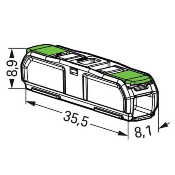 Pack of 60 Wago 221-2431 Inline Green Lever Connectors with transparent bio-based casing and recycled green levers, designed for compact, tool-free copper wire connections.