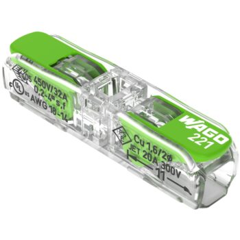 Pack of 60 Wago 221-2431 Inline Green Lever Connectors with transparent bio-based casing and recycled green levers, designed for compact, tool-free copper wire connections.