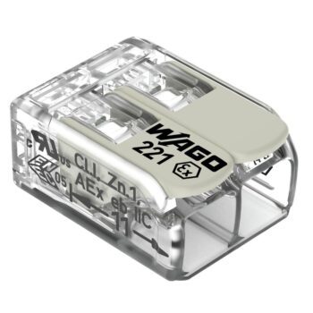 Pack of 100 Wago 221-482 2 Way EX E Lever Connectors with clear housing and white levers, ATEX and IECEx certified for use in hazardous or explosive environments.