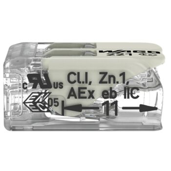 Pack of 100 Wago 221-482 2 Way EX E Lever Connectors with clear housing and white levers, ATEX and IECEx certified for use in hazardous or explosive environments.