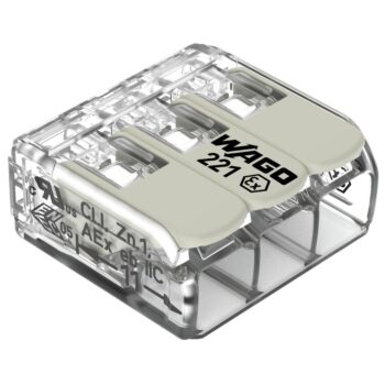 Pack of 50 Wago 221-483 3 Way EX E Lever Connectors with clear housing and white levers, rated for Ex e applications in hazardous areas including Zone 1 and Zone 2.
