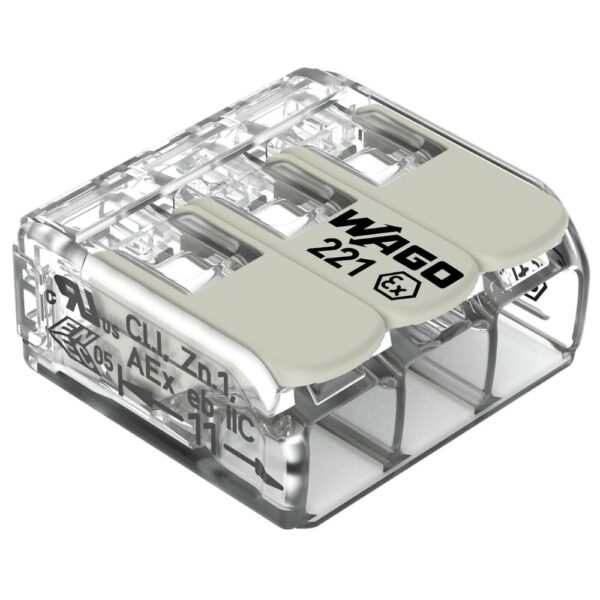 Pack of 50 Wago 221-483 3 Way EX E Lever Connectors with clear housing and white levers, rated for Ex e applications in hazardous areas including Zone 1 and Zone 2.
