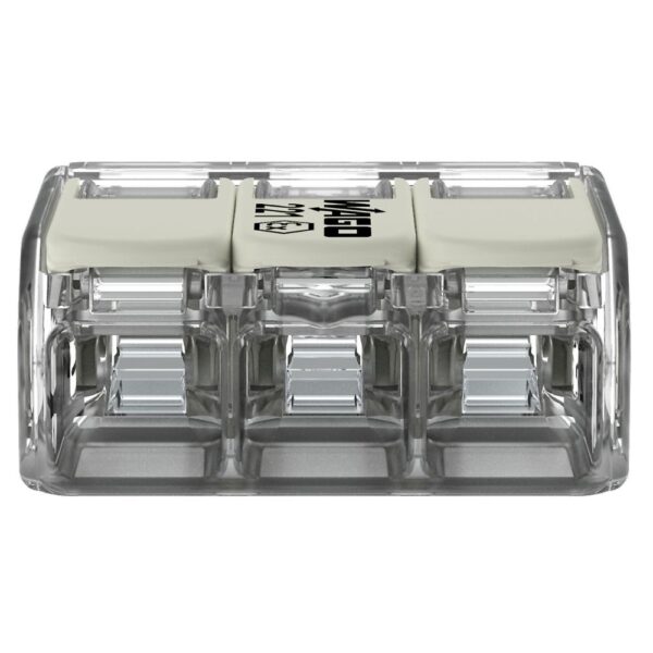 Pack of 50 Wago 221-483 3 Way EX E Lever Connectors with clear housing and white levers, rated for Ex e applications in hazardous areas including Zone 1 and Zone 2.