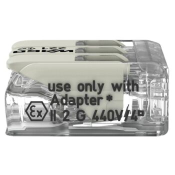Pack of 50 Wago 221-483 3 Way EX E Lever Connectors with clear housing and white levers, rated for Ex e applications in hazardous areas including Zone 1 and Zone 2.