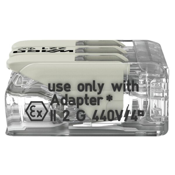 Pack of 50 Wago 221-483 3 Way EX E Lever Connectors with clear housing and white levers, rated for Ex e applications in hazardous areas including Zone 1 and Zone 2.