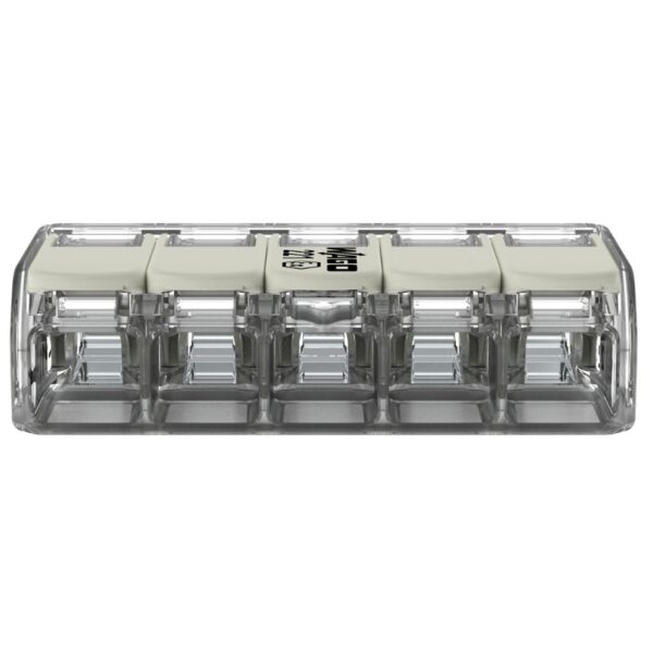 Pack of 25 Wago 221-485 5 Way EX E White Lever Connectors with clear polycarbonate housing, Ex e certified for safe wiring in Zone 1 and Zone 2 hazardous environments.