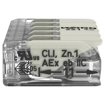 Pack of 25 Wago 221-485 5 Way EX E White Lever Connectors with clear polycarbonate housing, Ex e certified for safe wiring in Zone 1 and Zone 2 hazardous environments.