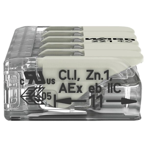 Pack of 25 Wago 221-485 5 Way EX E White Lever Connectors with clear polycarbonate housing, Ex e certified for safe wiring in Zone 1 and Zone 2 hazardous environments.