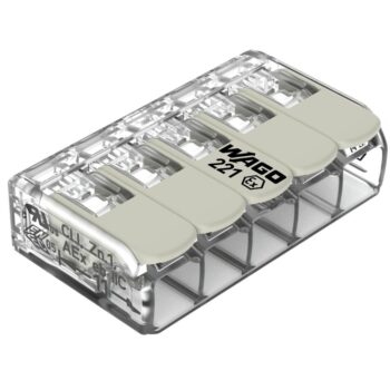 Pack of 25 Wago 221-485 5 Way EX E White Lever Connectors with clear polycarbonate housing, Ex e certified for safe wiring in Zone 1 and Zone 2 hazardous environments.