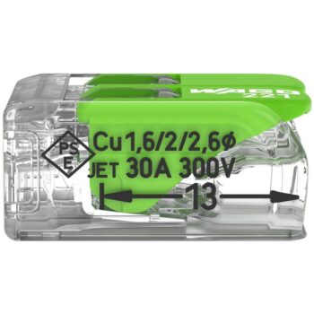Pack of 50 Wago 221-622 2 Way Green Lever Connectors with 6 mm² capacity, featuring transparent bio-circular housing and recycled material levers for eco-friendly wiring.