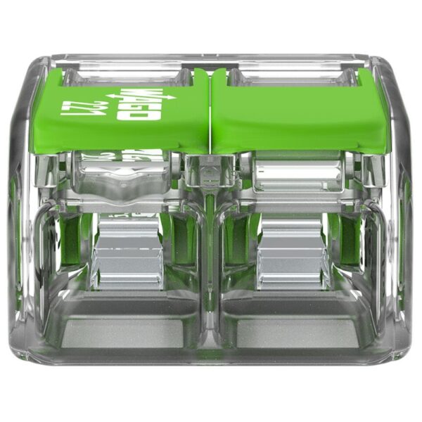 Pack of 50 Wago 221-622 2 Way Green Lever Connectors with 6 mm² capacity, featuring transparent bio-circular housing and recycled material levers for eco-friendly wiring.