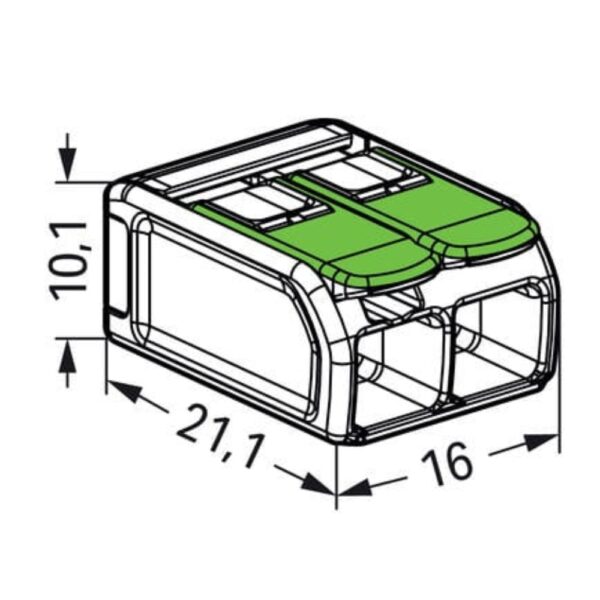 Pack of 50 Wago 221-622 2 Way Green Lever Connectors with 6 mm² capacity, featuring transparent bio-circular housing and recycled material levers for eco-friendly wiring.