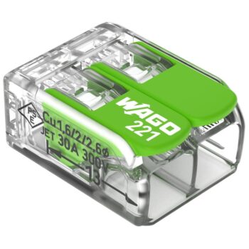 Pack of 50 Wago 221-622 2 Way Green Lever Connectors with 6 mm² capacity, featuring transparent bio-circular housing and recycled material levers for eco-friendly wiring.