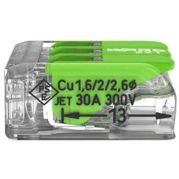 Pack of 50 Wago 221-623 3 Way 6mm Green Lever Connectors with clear eco-housing and recycled levers, designed for fast and sustainable wire connections.