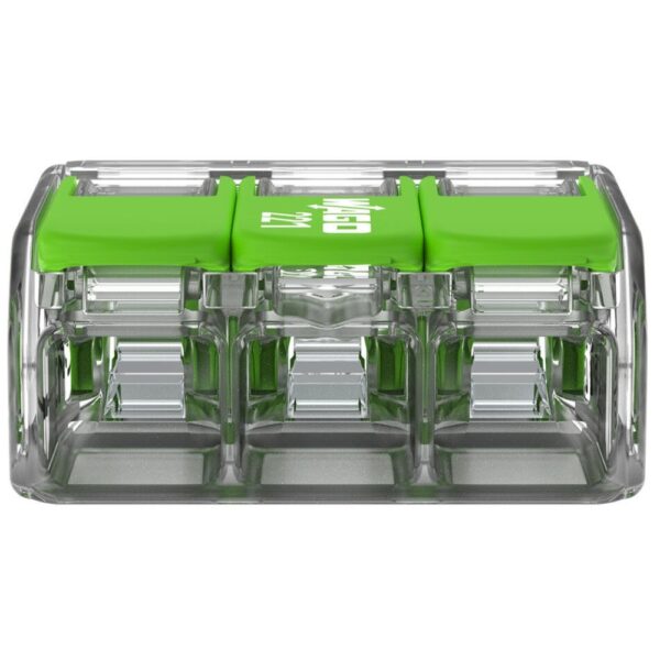 Pack of 50 Wago 221-623 3 Way 6mm Green Lever Connectors with clear eco-housing and recycled levers, designed for fast and sustainable wire connections.