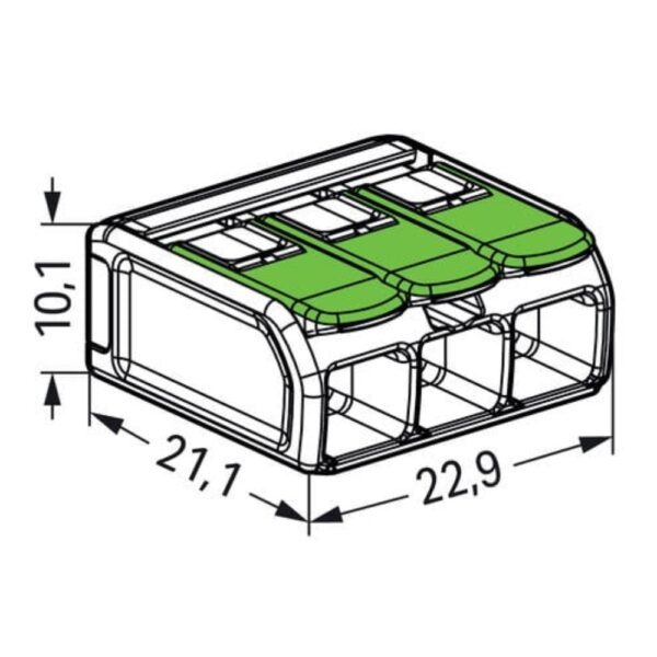 Pack of 50 Wago 221-623 3 Way 6mm Green Lever Connectors with clear eco-housing and recycled levers, designed for fast and sustainable wire connections.