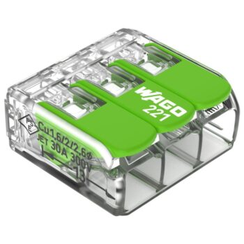 Pack of 50 Wago 221-623 3 Way 6mm Green Lever Connectors with clear eco-housing and recycled levers, designed for fast and sustainable wire connections.