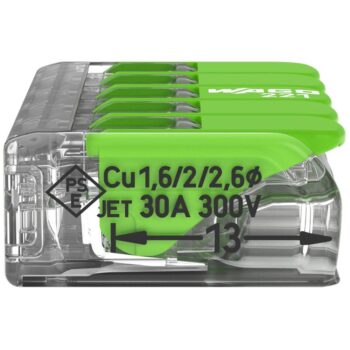 Pack of 15 Wago 221-625 5 Way 6mm Green Lever Connectors with transparent eco-friendly body and green recycled levers for fast, safe, and reusable wire connections.