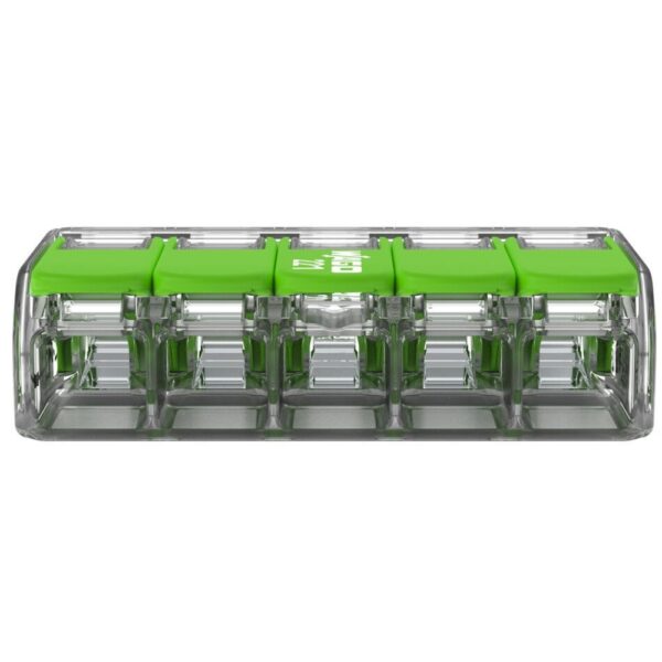Pack of 15 Wago 221-625 5 Way 6mm Green Lever Connectors with transparent eco-friendly body and green recycled levers for fast, safe, and reusable wire connections.