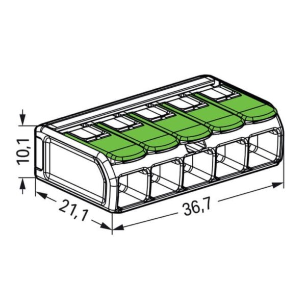 Pack of 15 Wago 221-625 5 Way 6mm Green Lever Connectors with transparent eco-friendly body and green recycled levers for fast, safe, and reusable wire connections.