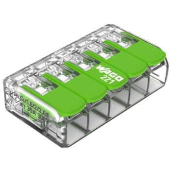 Pack of 15 Wago 221-625 5 Way 6mm Green Lever Connectors with transparent eco-friendly body and green recycled levers for fast, safe, and reusable wire connections.