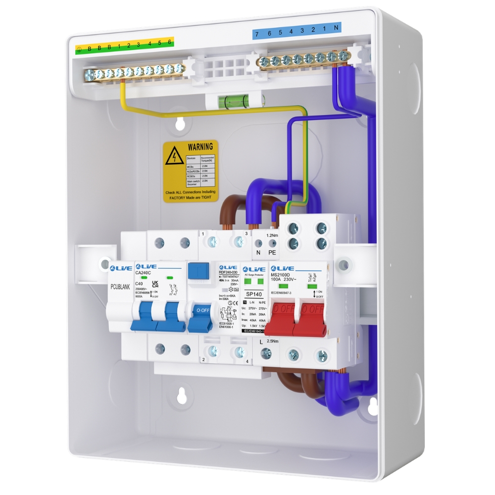 Live Electrical | LHP840MSF | Heat Pump SPD Consumer Unit | Type F RCD | C40 DP MCB 3 8 Module Metal Heat Pump Consumer Unit with Type F RCD, C40 DP MCB and Surge Protection