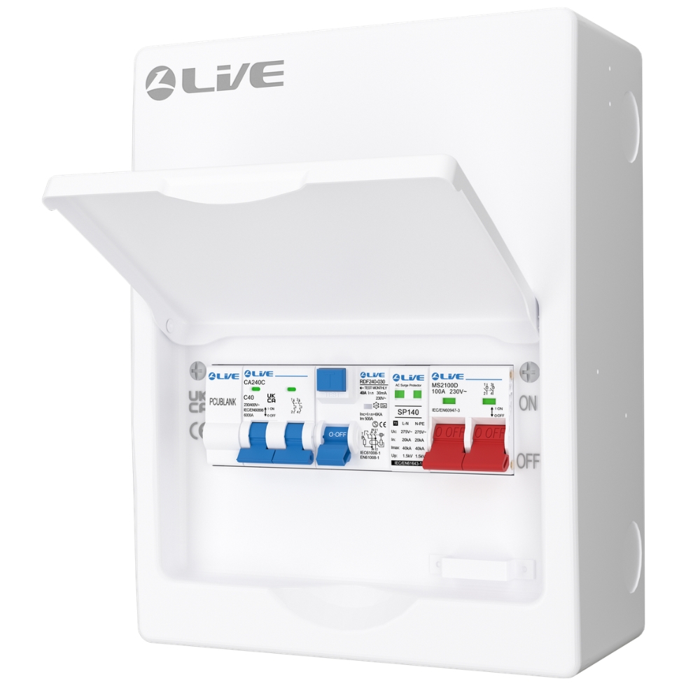 Live Electrical | LHP840MSF | Heat Pump SPD Consumer Unit | Type F RCD | C40 DP MCB 4 Live Electrical | LHP840MSF | Heat Pump SPD Consumer Unit | Type F RCD | C40 DP MCB