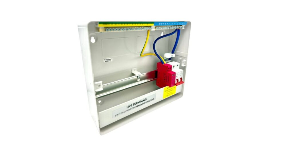How to Choose the Right FuseBox Consumer Unit for Your Project 2 Open FuseBox consumer unit without lid showing single-module pink SPD that does not require an MCB