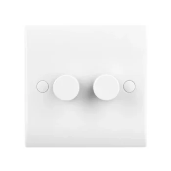 Saxby CE662 white curved edge 2G LED dimmer switch, dual-gang, antimicrobial, universal 5–100W dimming, 2-way push on/off rotary control.