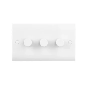 Saxby CE663 white curved edge 3G LED dimmer switch, triple-gang, antimicrobial, universal 5–100W dimming, 2-way push on/off rotary control.