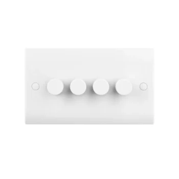 Saxby CE664 four-gang white curved edge LED dimmer switch, antimicrobial finish, universal 5–100W dimming for LED, halogen, CFL, and incandescent lamps.