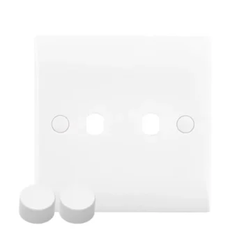 Saxby CE82DIM curved edge 2G dimmer plate, white antimicrobial finish, slim 6.5mm design, includes two matching dimmer caps.