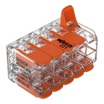 Wago 221-420 transparent 10-port lever connector for 0.2–4mm² wiring, featuring CAGE CLAMP® terminals for 32A, 450V applications.